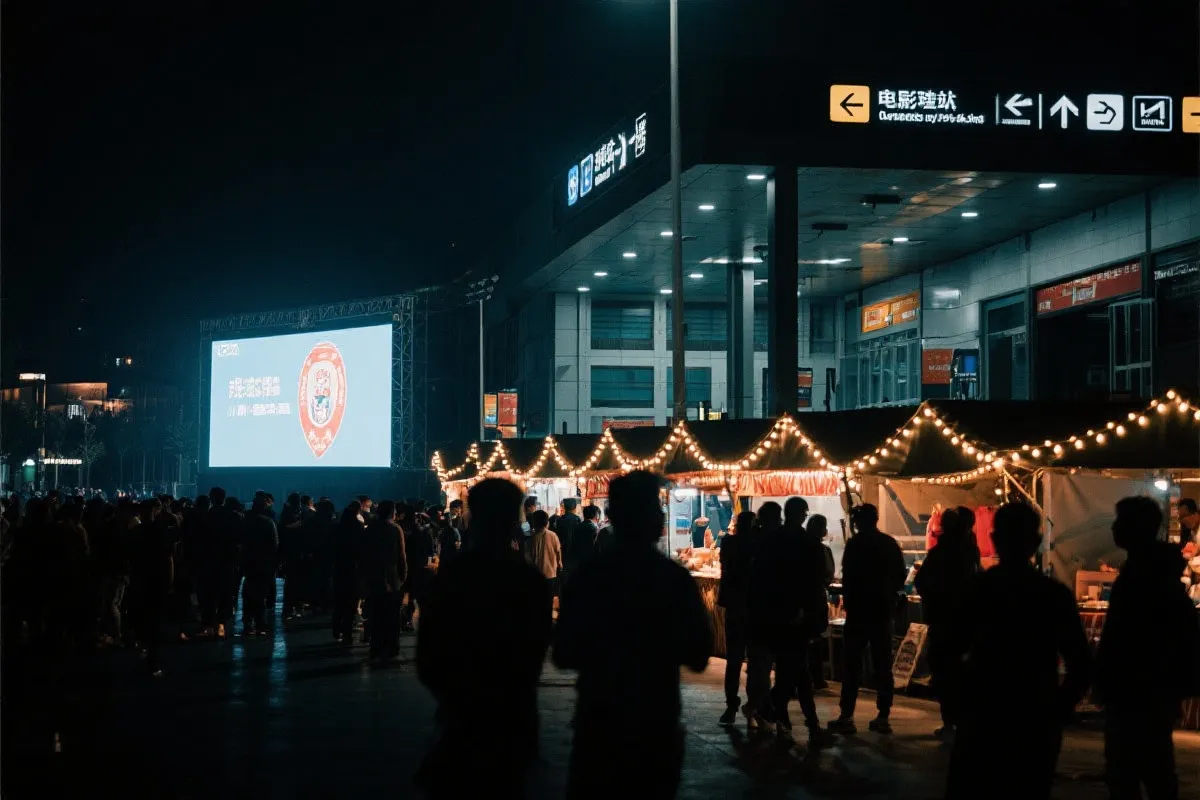费城球迷广场夜景：大屏观赛人群、步行指示牌与公共交通入口